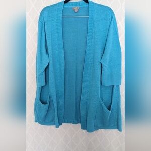 J Jill Duster Cardigan‎ Women Teal Aqua Blue Open Front Pockets Linen Size 1X